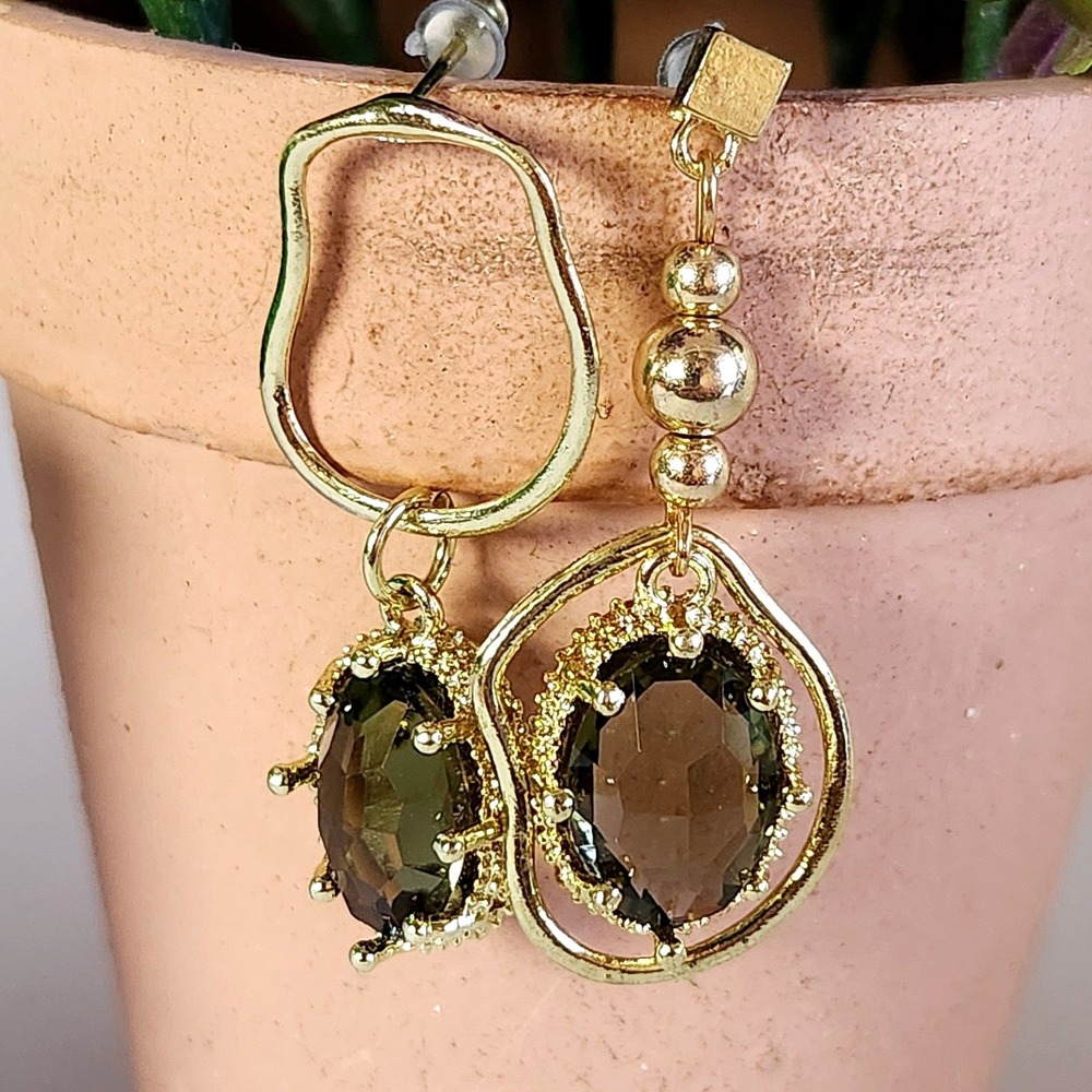Gold Tone Mismatched Asymmetrical Drop Earrings Smoky Brown Oval Stone Statement